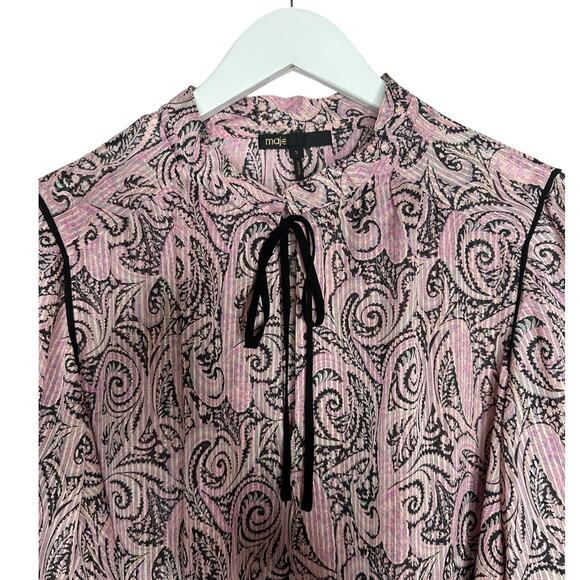 NWOT Maje Apollo Tie Neck Paisley Top Blouse Pink Black Gold Blouse Size Large - Picture 5 of 12